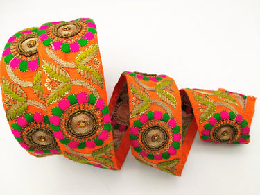 Orange Art Silk Lace Trim, Floral Embroidery in Green and Fuchsia, Hand Embroidered Border with Antique Gold beads and Gold Sequins